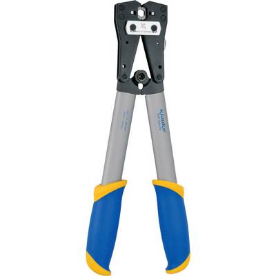 Crimping pliers with blue and yellow handles, suitable for connecting cable lugs and connectors.