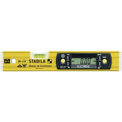 An electronic spirit level by Stabila with a digital display, yellow in colour, and the inscription 'Made in Germany'.