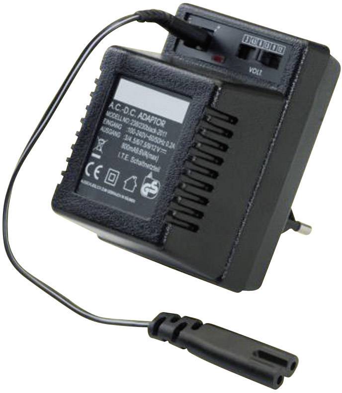 Black and grey AC-DC power supply with voltage selector switch and two-core cable with Europlug. Suitable for electronic devices.