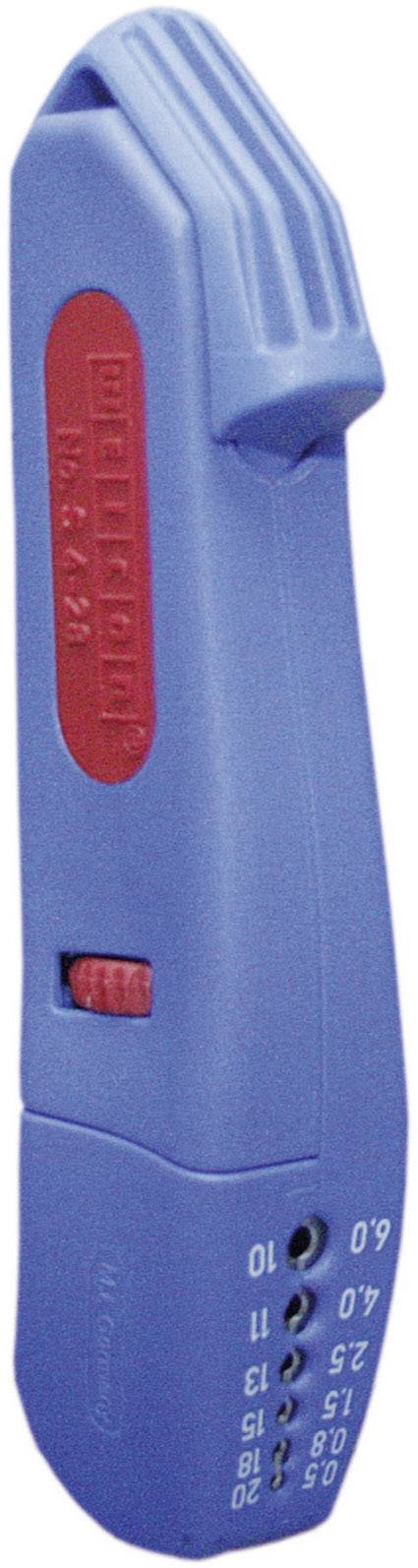 A blue measuring device with a red button and a scale from 0 to 25, enables the measurement of hole distances in millimetres.