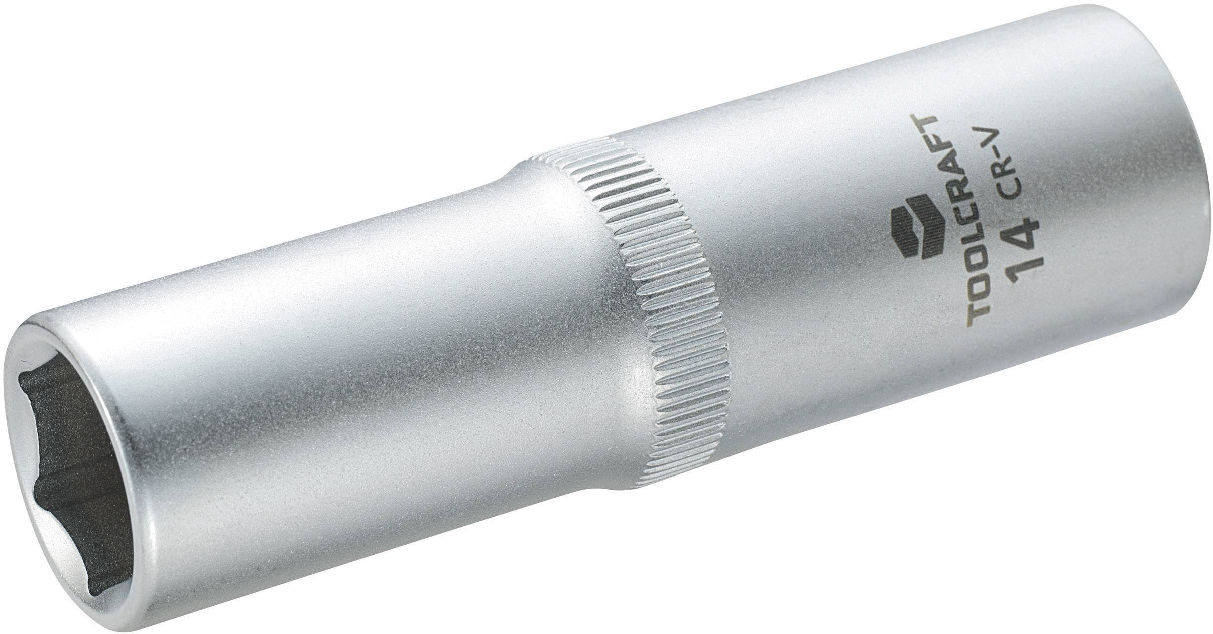 Silver pin nut printed with text 'TOOLCRAFT 14 CR-V', cylindrical shape with knurled grip area.