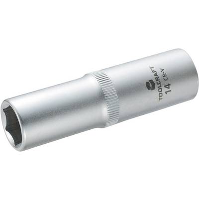 Silver pin nut printed with text 'TOOLCRAFT 14 CR-V', cylindrical shape with knurled grip area.