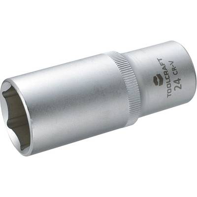 Metal nut with 'TOOLCRAFT 24 CR-V' inscription, silver-coloured, cylindrical shape with ribbing in the middle for better grip.