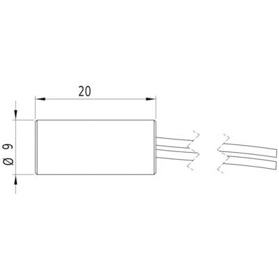 Technical drawing of a rectangular component measuring 20x9 mm, with three cables extending from the right side.