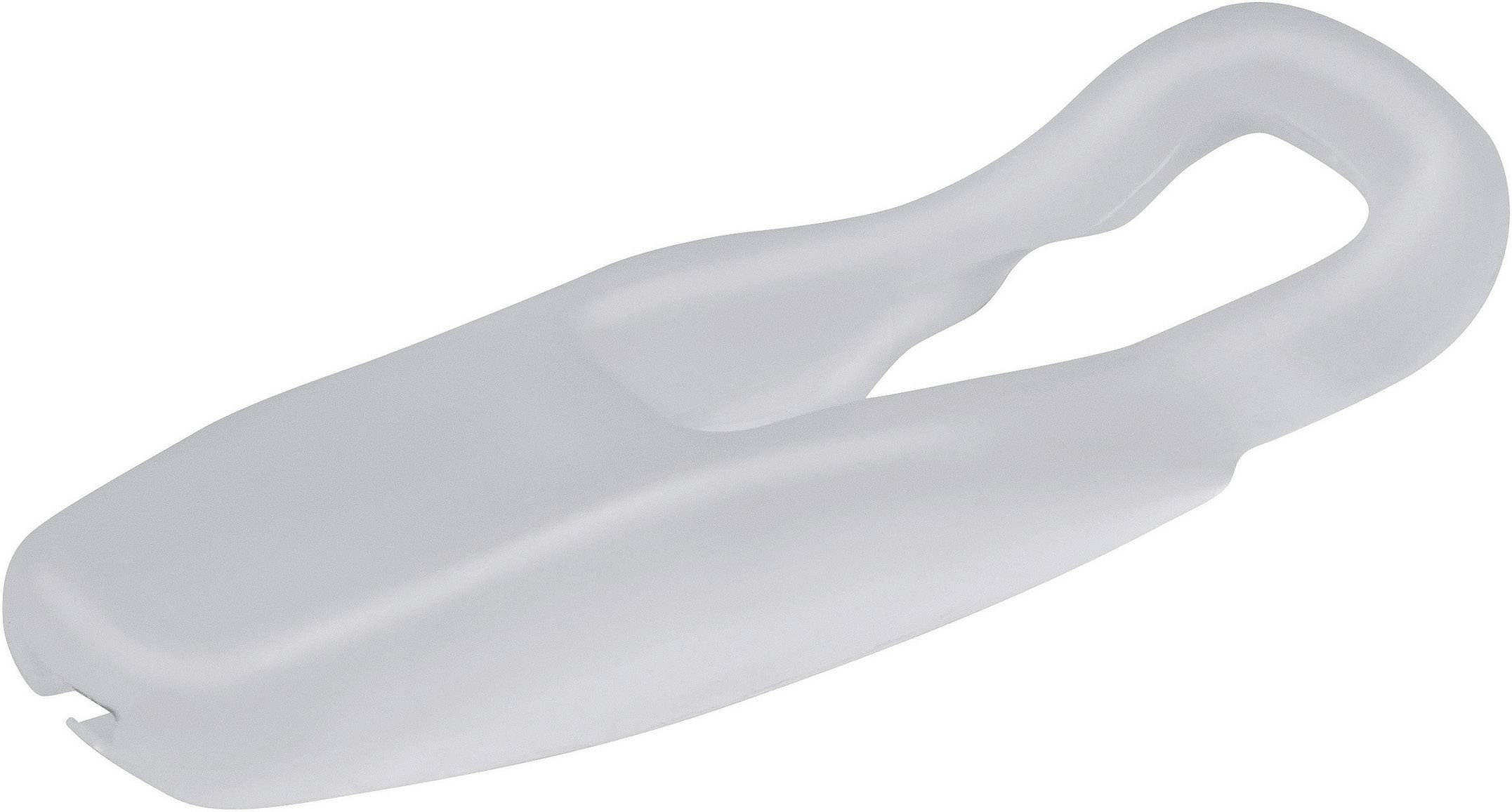 A white, sturdy-looking plastic closure with an integrated handle, potentially for packaging or security seals.