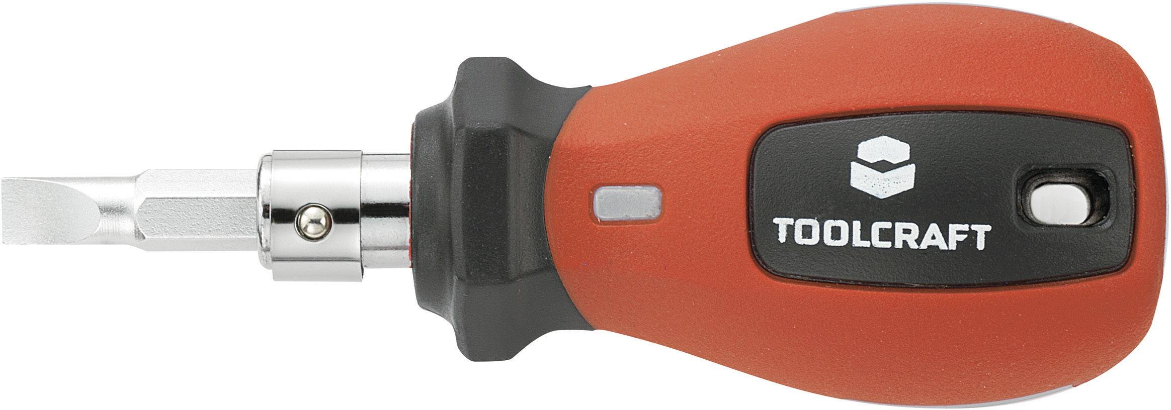 A red screwdriver with a black handle and interchangeable blade, featuring the logo and name 'TOOLCRAFT'.