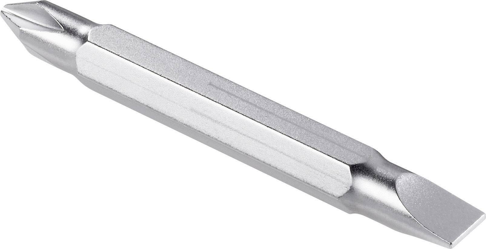 A double-ended screwdriver bit with a Phillips head on one side and a flathead on the other.