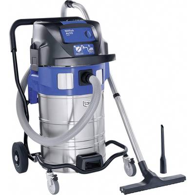 Industrial vacuum cleaner in blue and silver with a large container on wheels, long hose, wide suction head and accessories. The brand shown is Nilfisk Alto.