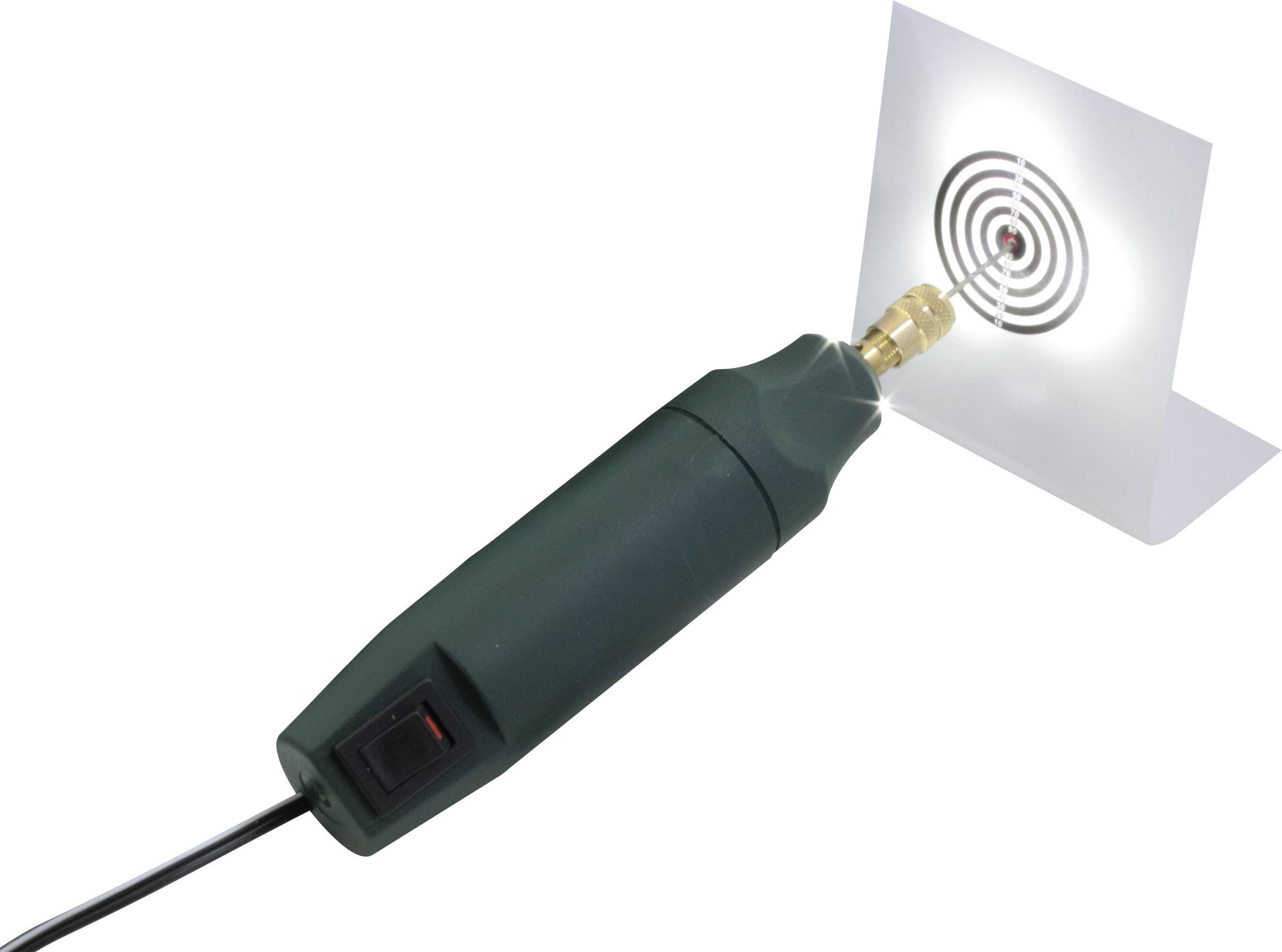 A green electronic device with a switch projects a laser beam onto a target with concentric circles.