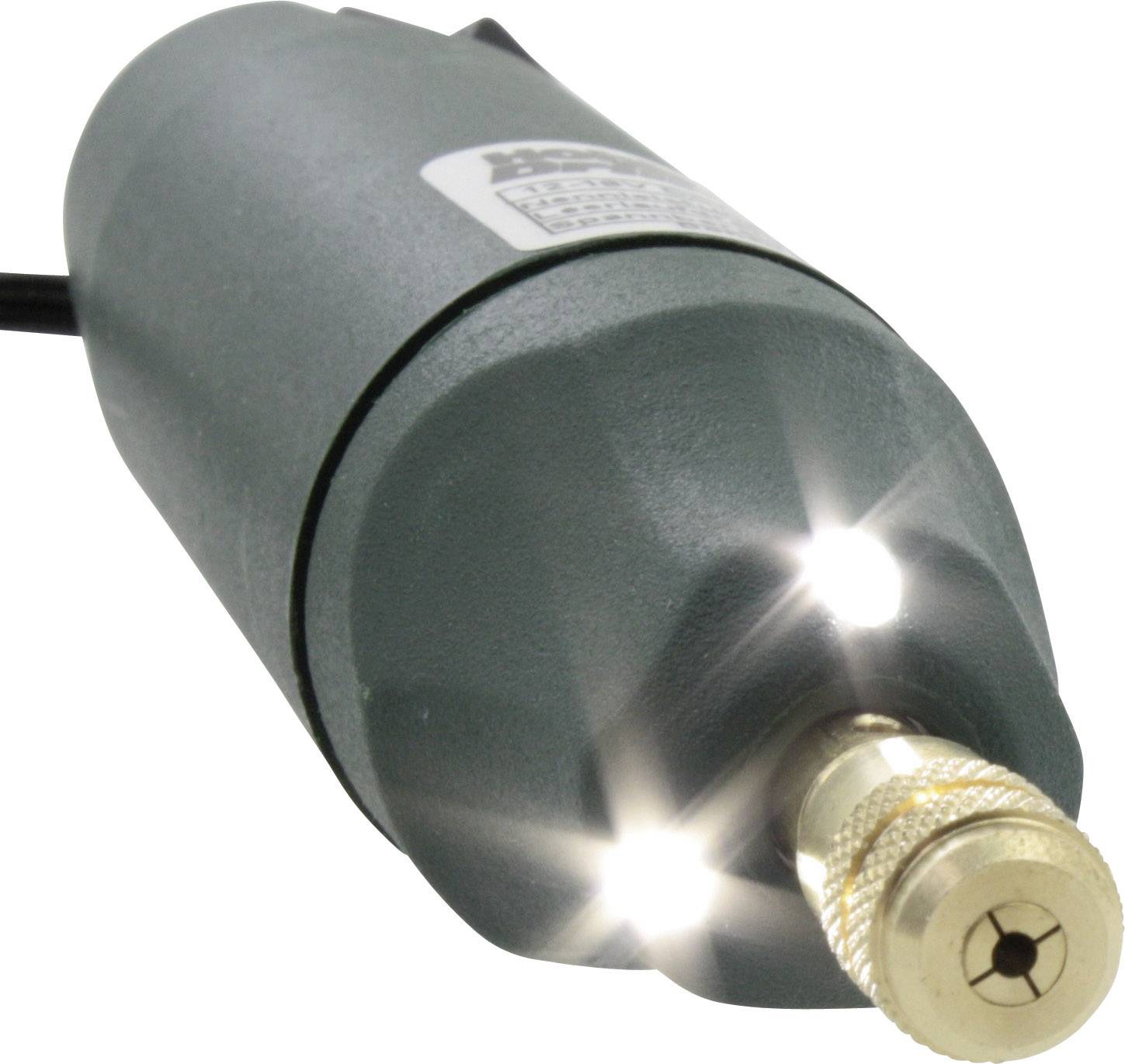 An electric hand tool with a metal drill bit at its tip, which emits light.