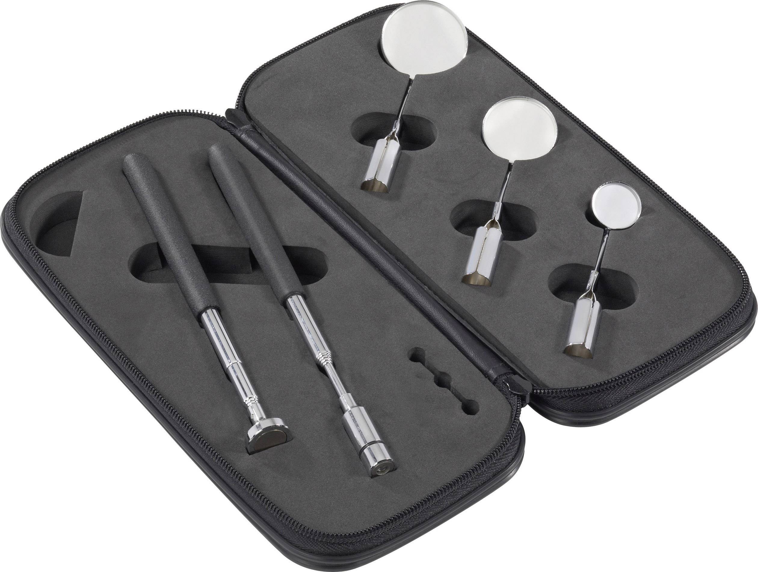 'Black case with two telescopic magnetic tools and three round magnets of varying sizes, embedded mountings.'