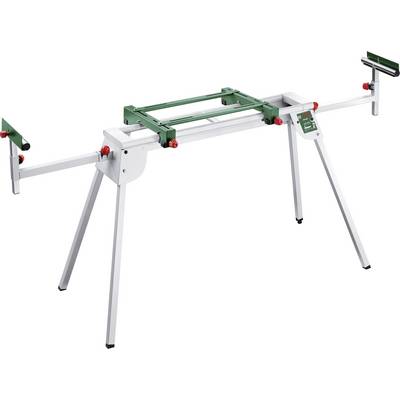 Adjustable stand for mitre and circular saws, made of metal with green and red elements, standing on four legs.
