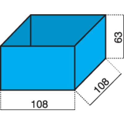Isometric drawing of a blue cuboid. Length and width: 108 units, height: 63 units.