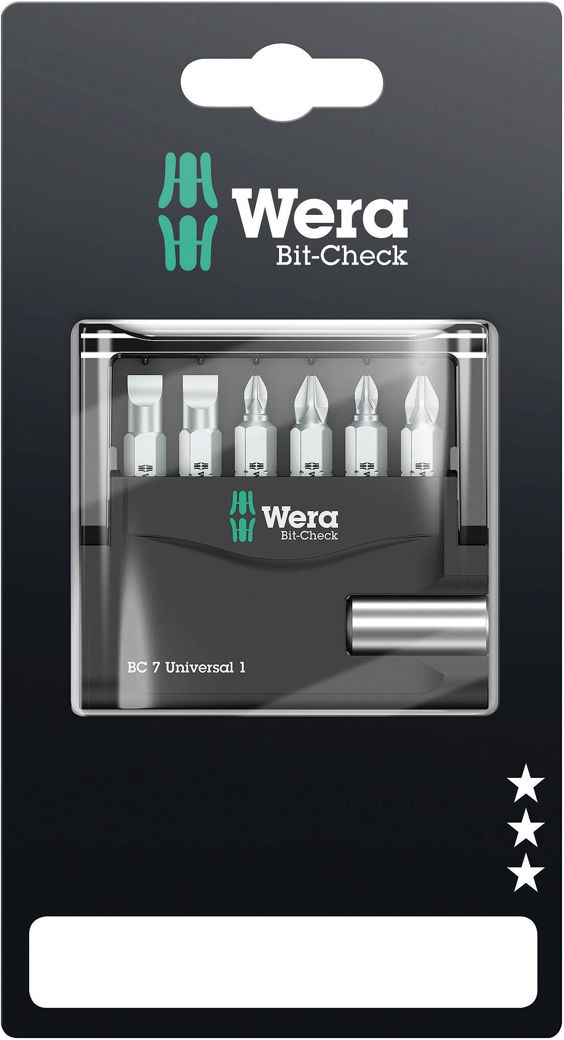 'Wera Bit-Check BC 7 Universal 1' Tool Set in blister packaging, containing various bits and a holder. Packaging in Black and Green.