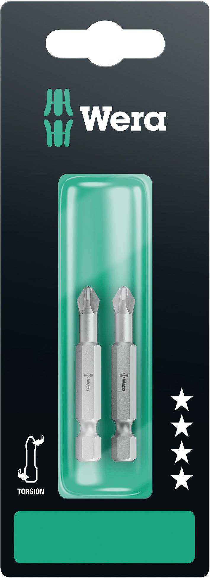 Packaging for Wera Torx screwdriver bits with two bits, illustration of a screwdriver in the bottom left, and stars as a rating on the right.