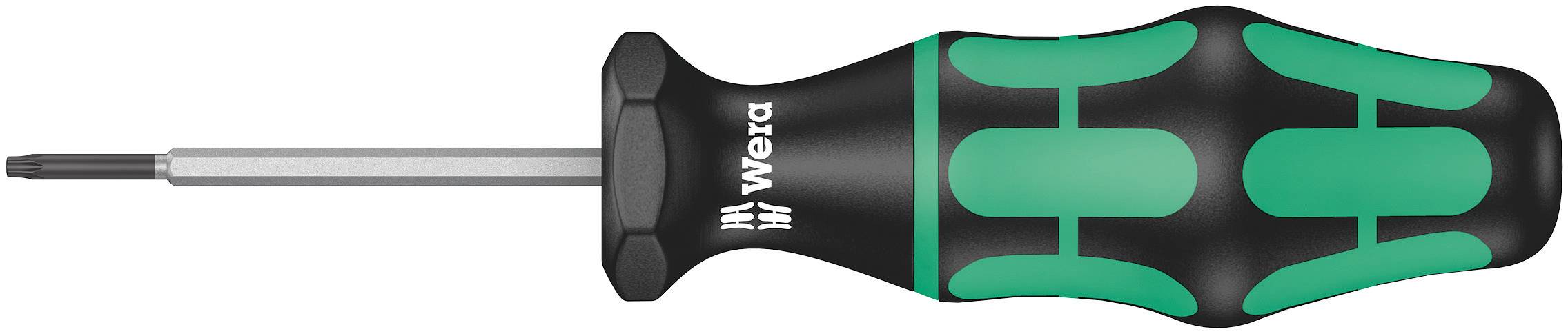 Screwdriver with an ergonomic green and black handle featuring the Wera logo, suitable for precision work.