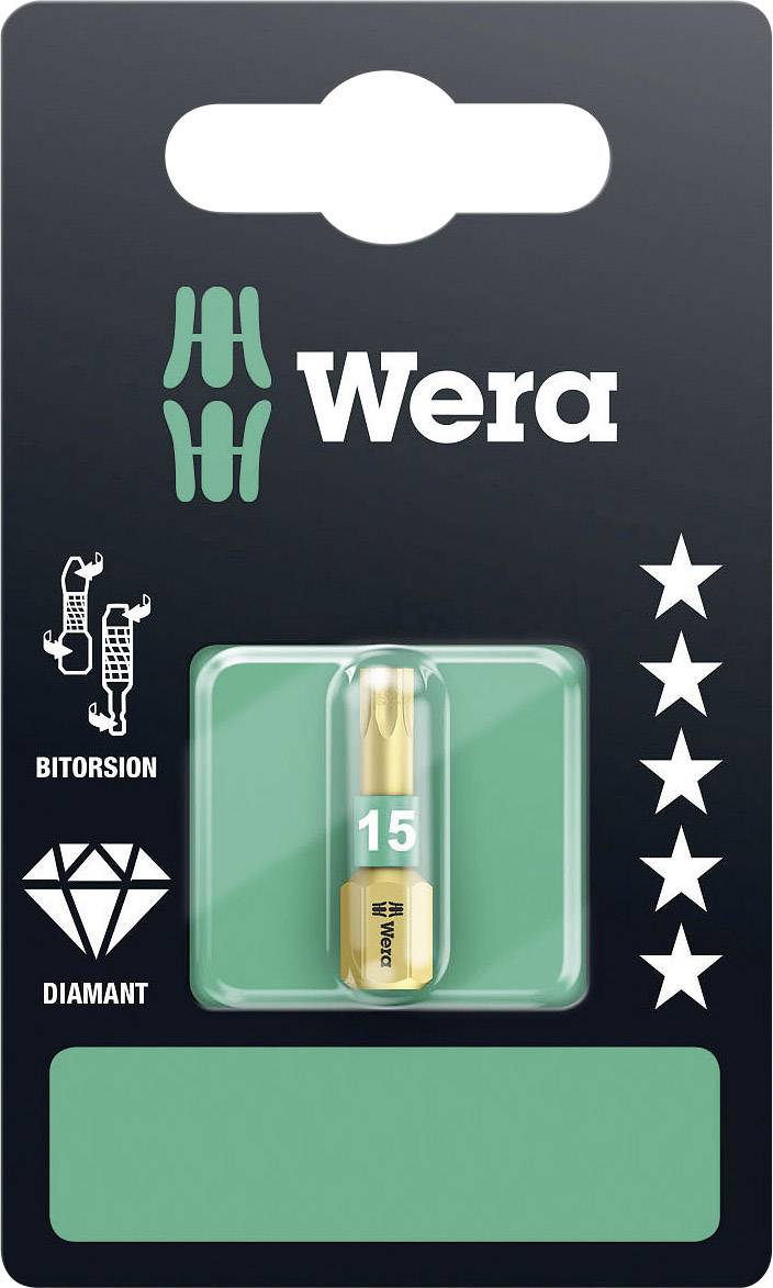Wera Bit Set on black background with turquoise accents. Contains Bit 15, diamond-coated. Markings: Bitorison, 5 stars.