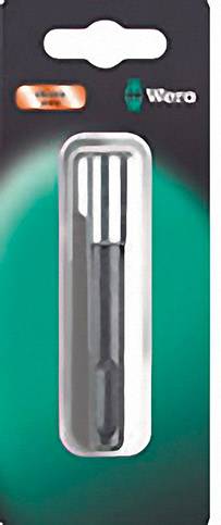 Packaging for a drill bit attachment, approximately 50mm in length, Wera brand, with a green-blue background in a plastic blister pack.