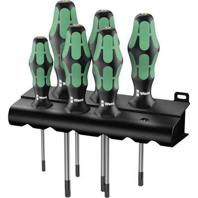 A set of six green and black screwdrivers in a black holder, perfect for storage and organisation in the workshop.