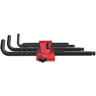 A set of hexagonal Allen keys in a red holder. The keys have different sizes and are suitable for use in tool-related work.