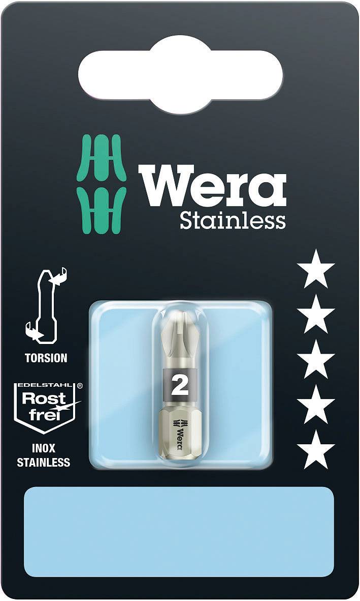'Wera Stainless' Screwdriver Bit, Torsion, Stainless Steel, Size 2, Corrosion-Resistant. Product Packaging with Star Rating Demonstrates Quality.
