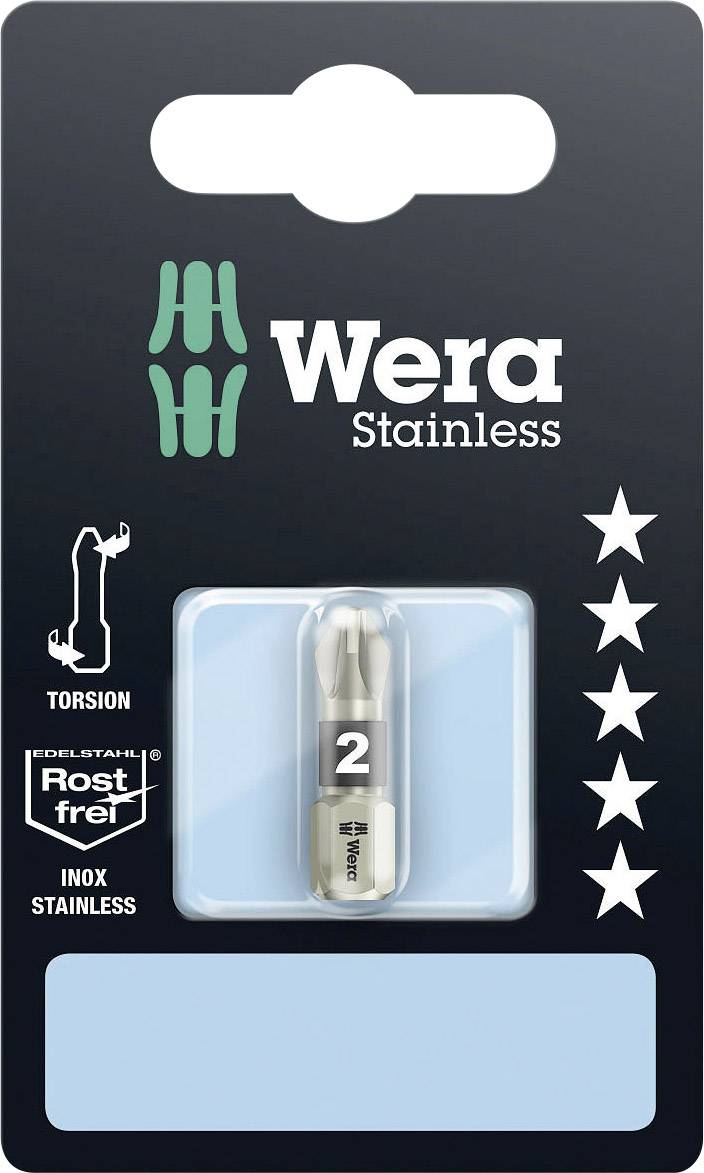 'Wera Stainless' Bit for Screwdriver, Size 2, suitable for stainless steel. Packaging demonstrates torsion and corrosion-resistant material.