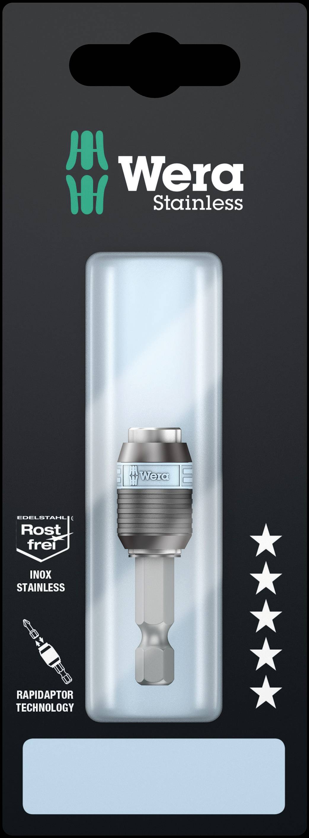 Packaging of Wera stainless steel bit, rust-free with Rapidaptor technology. Packaging displays the bit and the Wera brand logo.