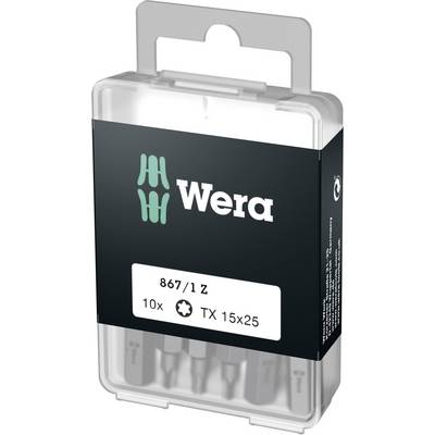 Packaging with Wera screwdrivers, 10 pieces, size TX 15x25. Clear plastic, black label with green Wera logo.