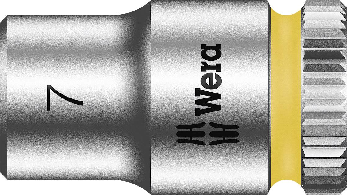 'Nut 7 mm, manufacturer Wera, silver with yellow ring, knurled edge for improved grip.'