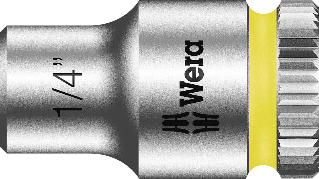 Wera socket tool insert with '1/4"' and 'Wera' inscription, grey in colour with a yellow ring, suitable for tool use.