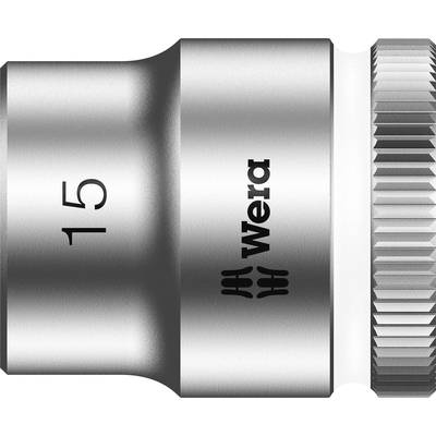 'Wera' socket insert, size 15 mm, metallic and shiny with a knurled edge, the marking '15' is visible.
