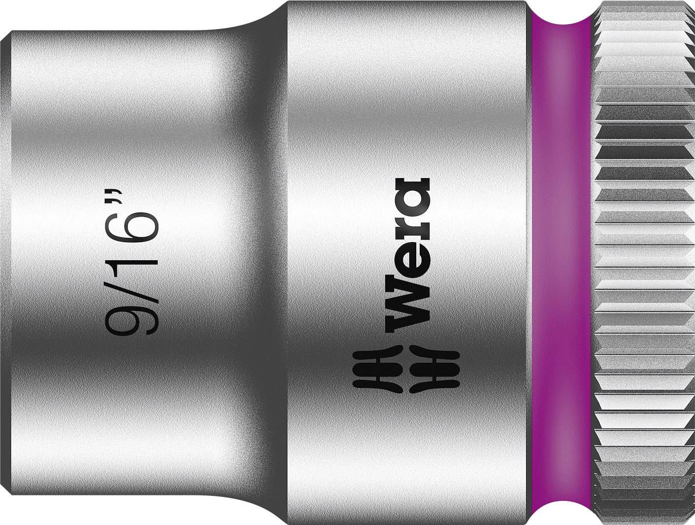 A metal Wera socket with the inscription '9/16"' and a pink ring at one end.