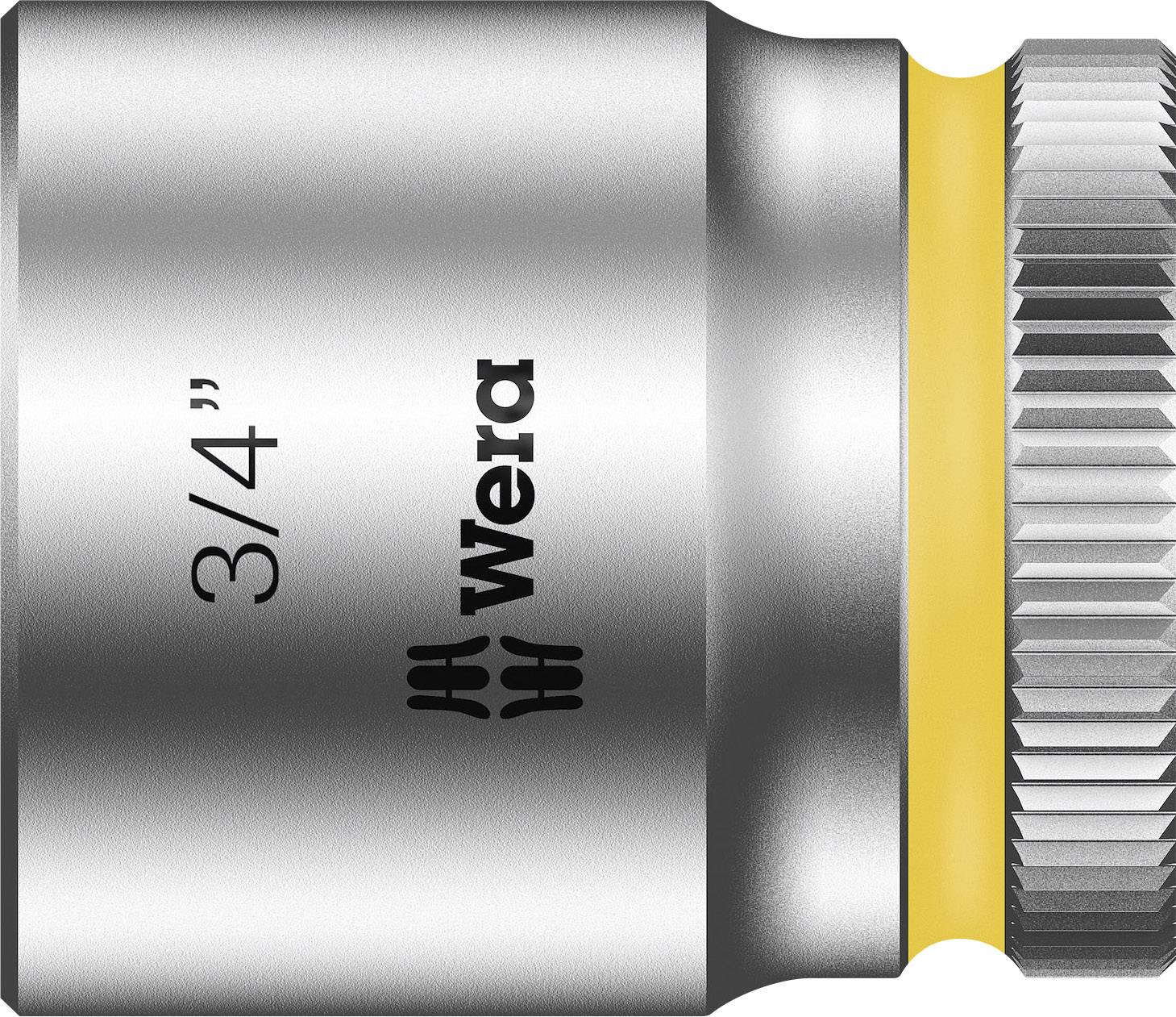 A silver Wera socket adaptor in 3/4 inch size with a yellow ring at the base, viewed from the side.