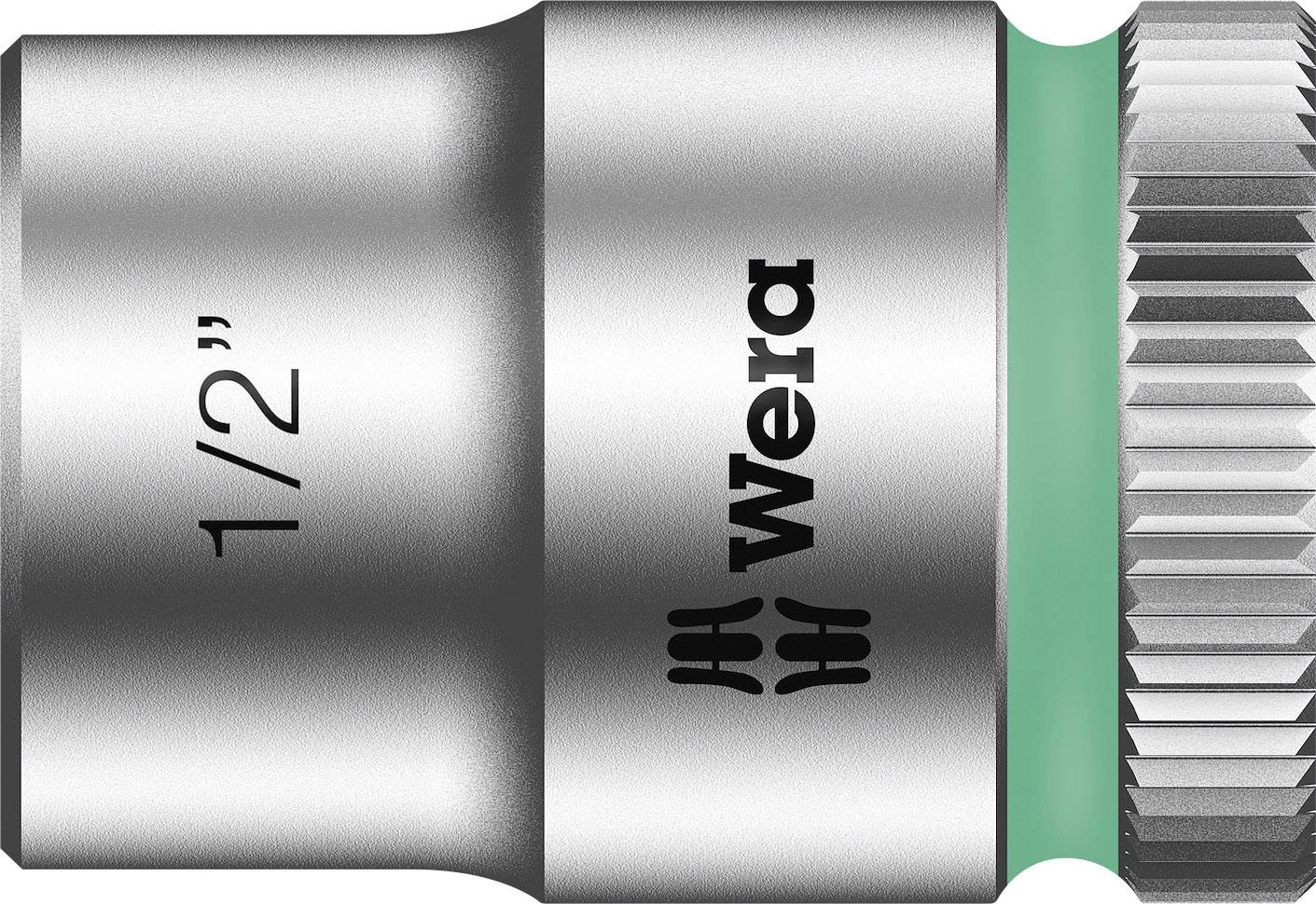 'Metal socket with 1/2 inch marking, brand name Wera and green marking on the edge.'