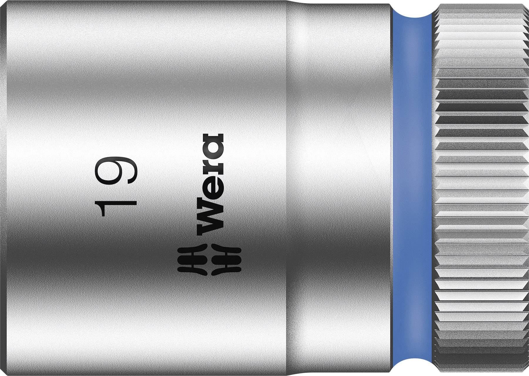 Metal socket key with blue marking and knurled edge, marked on the side with '19 Wera', for manual screwing.