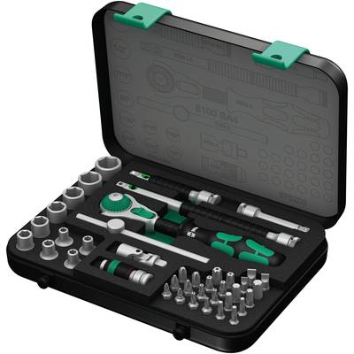 Tool case with ratchet, various socket keys, bits and screwdrivers, opened and displayed for viewing.