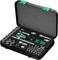 Tool case with ratchet, various socket keys, bits and screwdrivers, opened and displayed for viewing.