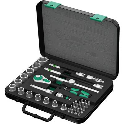 An open toolbox reveals socket wrenches, ratchets and bits, neatly arranged in foam inserts.