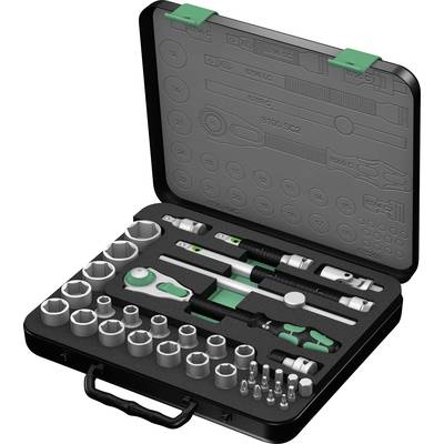 'Open tool case with ratchets, spanners, and bit attachments in various sizes, neatly arranged.'