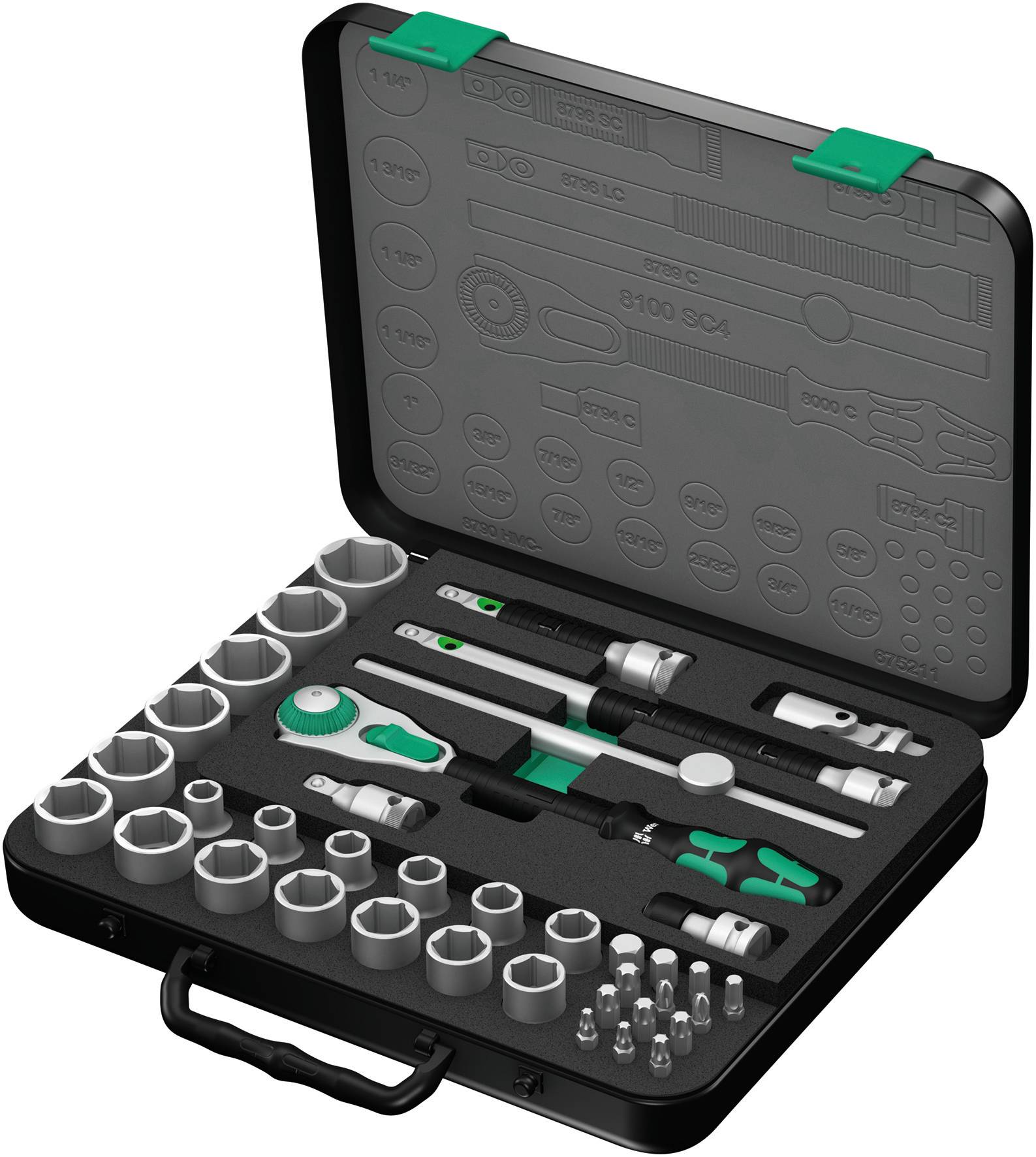 An open toolkit with a selection of socket wrenches, ratchets, and bits, neatly arranged in foam inserts.