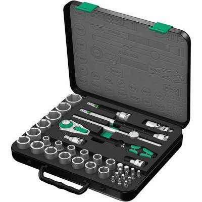 An open toolkit with a selection of socket wrenches, ratchets, and bits, neatly arranged in foam inserts.