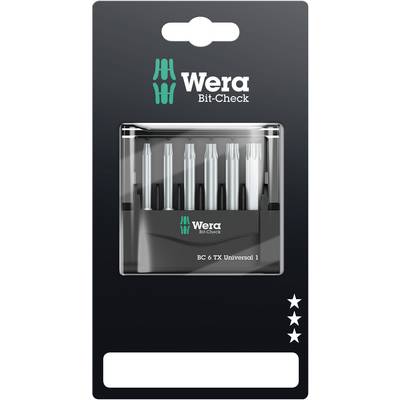 Packaging with Wera Bit-Check, 6 Bits for Torx screws. Green Wera logo at the top. Three white stars at the bottom.