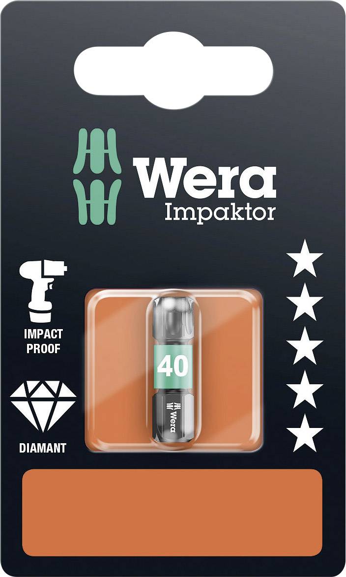'Wera Impaktor' screwdriver bit packaging: Individual bit marked '40', with symbols indicating impact resistance and diamond coating.