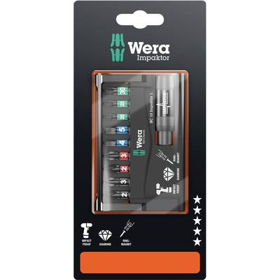 'Wera Impaktor Bit Set' in packaging. Contains multiple colour-coded screwdriver bits and a bit holder. Brand name and symbols visible.