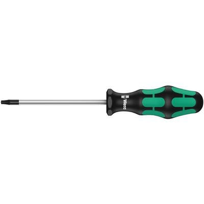A screwdriver with a green and black handle and a silver metal tip.