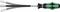 Screwdriver with ergonomic handle, green and black, with three interchangeable blades forming a V-shape.
