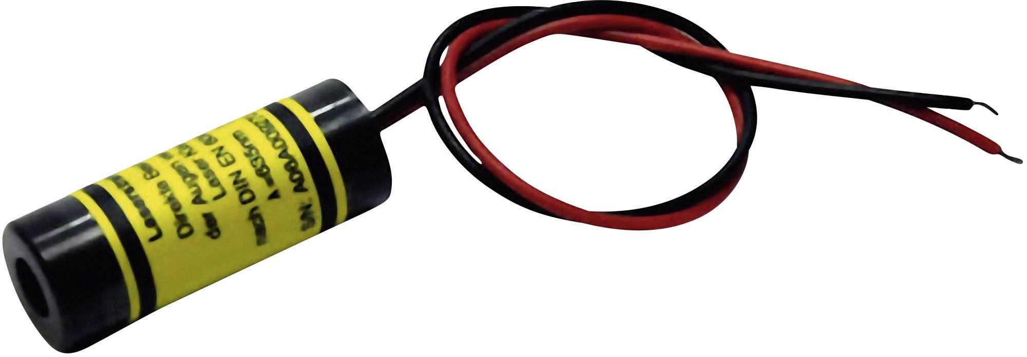A cylindrical laser with a yellow label and red and black connection cables.