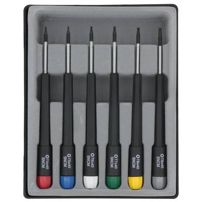 A box containing six precision screwdrivers in different colours: Blue, Red, White, Green, Yellow and Black.