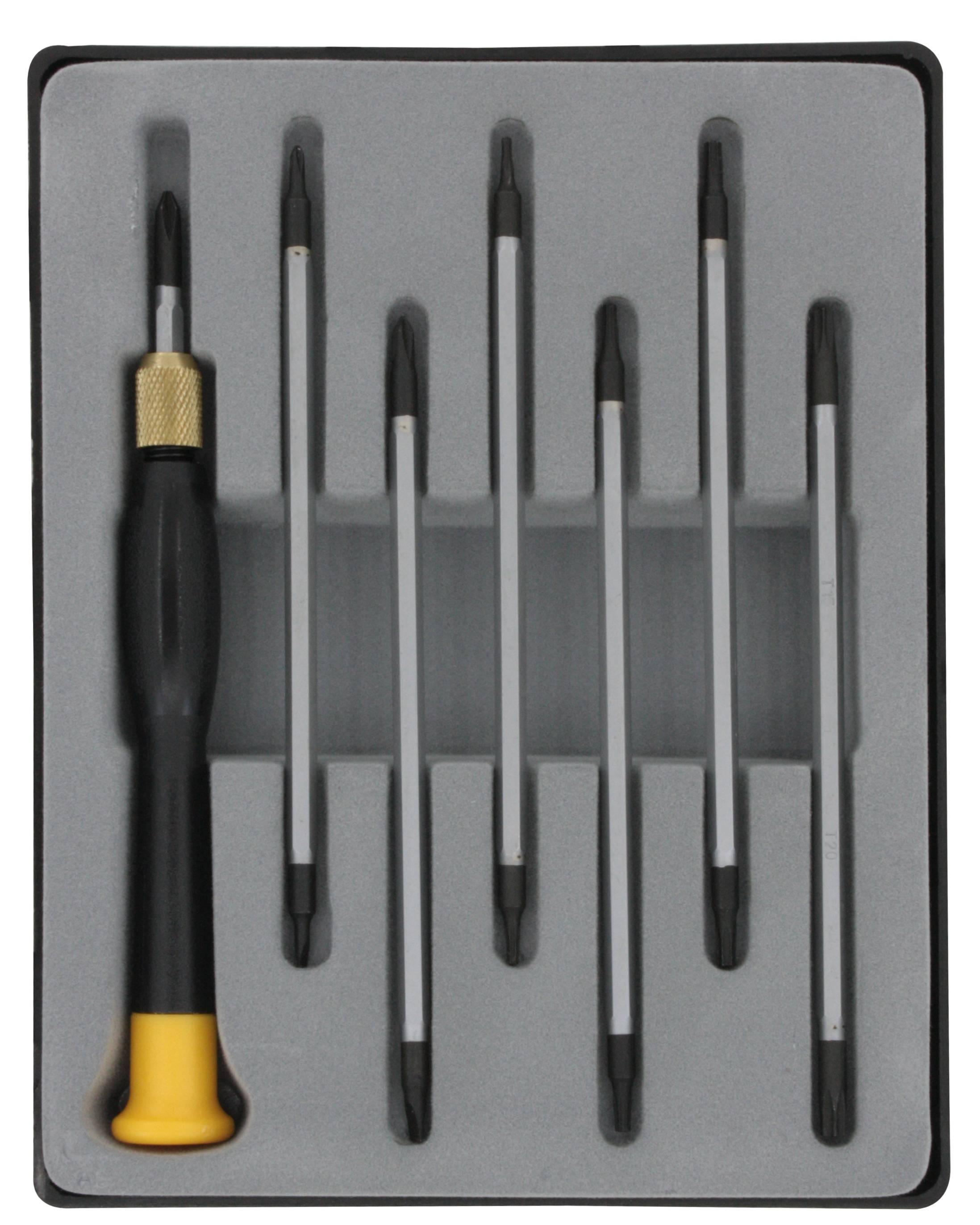 'Screwdriver set in foam insert: Six black blades with one handle, all neatly arranged in separate compartments.'
