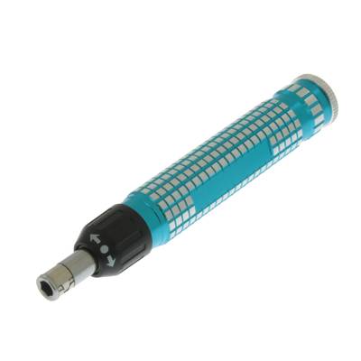 A blue screwdriver handle with a black and silver rotating head, showing arrows for direction change. Suitable for precision work.